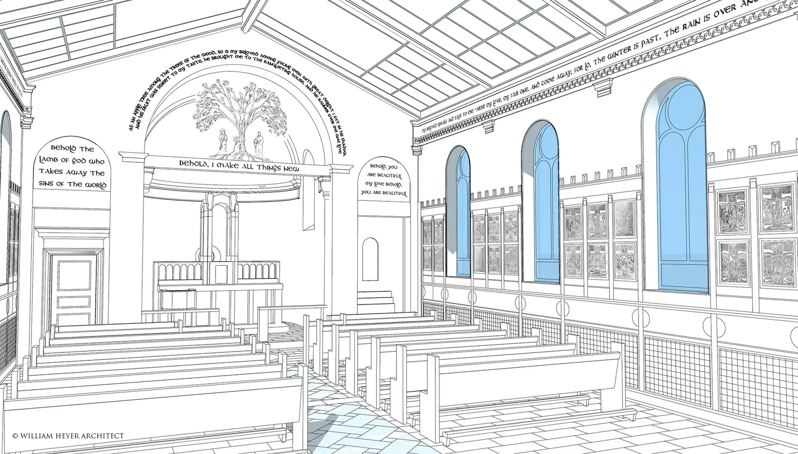 Line study of the interior toward the apse, the windows shown in blue.