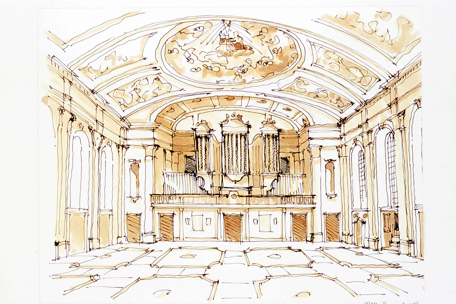 Pen-and-marker architectural sketch of a church rear gallery with a pipe organ beneath a coffered, domed ceiling.