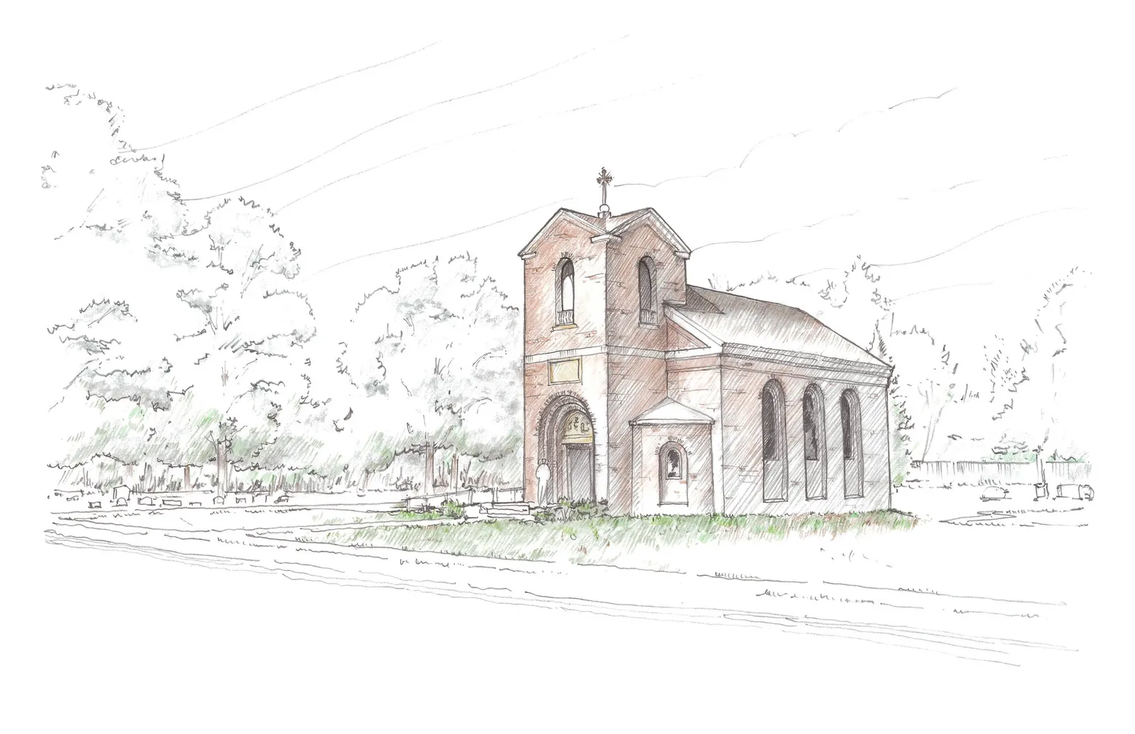 Pencil rendering of the entry front from the east: the bell tower, porch and columbarium apse among trees.