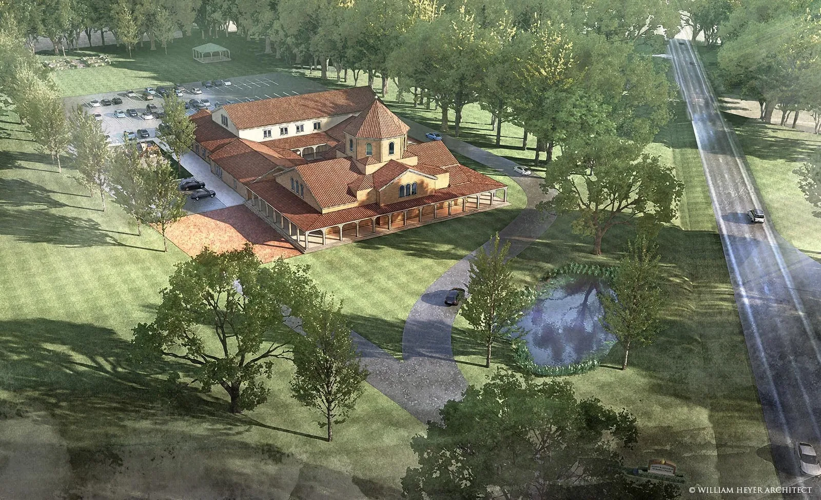 Aerial rendering of a proposed church campus with a tile-roofed church and cloistered walkway, a parking area, a pond, paths, and landscaped grounds beside a road.