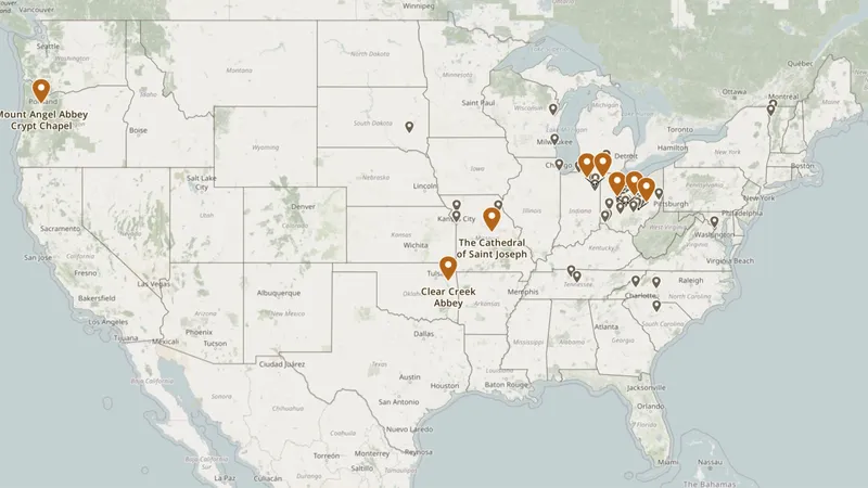 Map of the United States with the office's projects marked, most in Ohio and the Midwest