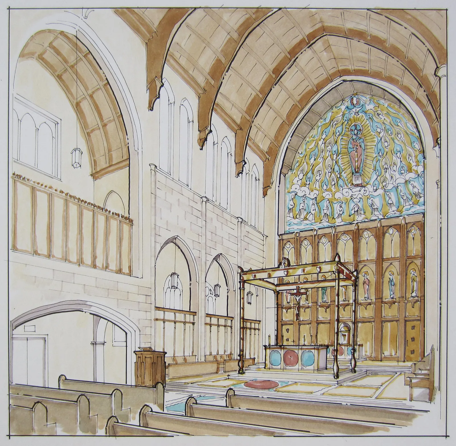 Watercolor rendering of the sanctuary from 2013: the painted apse restored, with a baldachin over the altar as then proposed.