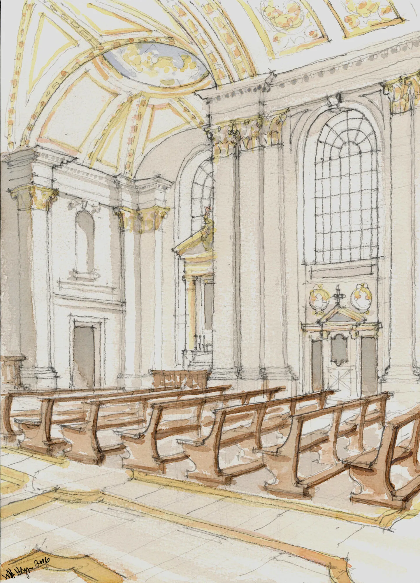 Pen-and-watercolor sketch of church pews facing a side altar beneath a tall arched window, with fluted columns and gilded capitals.