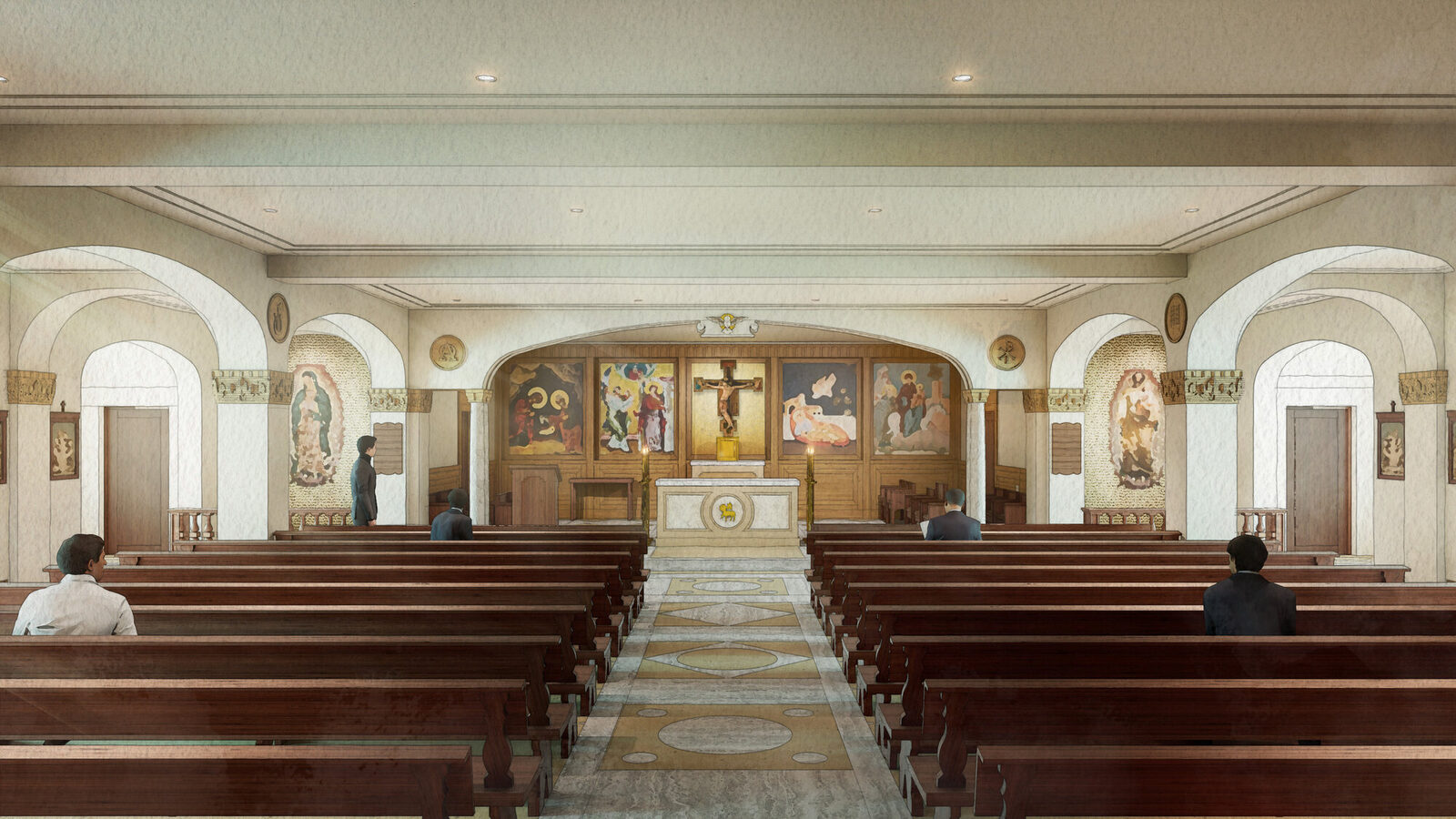 Rendering of the renovated Saint Joseph Chapel at Mount Angel Abbey, facing the sanctuary, with painted panels flanking a crucifix above the marble altar